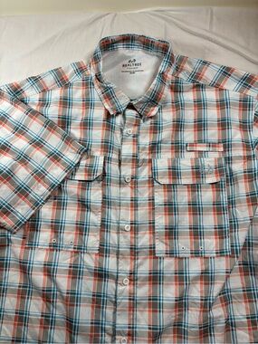 Realtree Plaid Short-Sleeve Button-Down Shirt in White, Orange and Blue